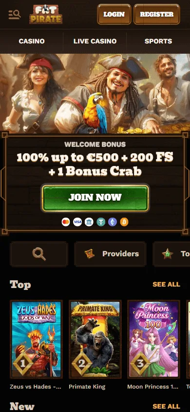 Fat Pirate Casino home experience on a mobile phone