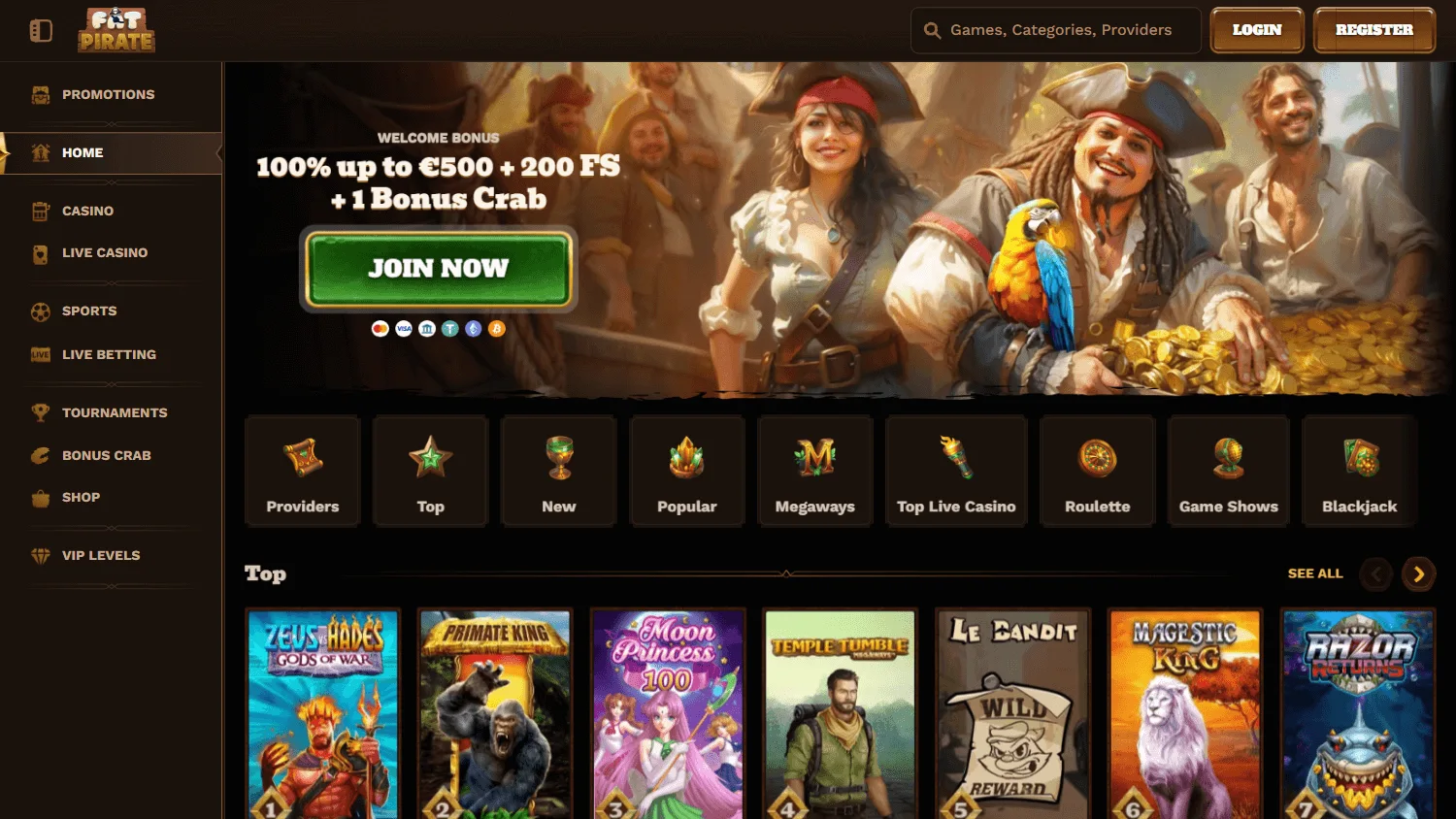 Fat Pirate Casino home experience on desktop